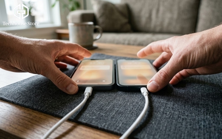 Thu Cũ Đổi Mới iPhone Tại Techhouse – Đổi Là Lời, Lên Đời Là Sang! Hai iPhone đặt cạnh nhau để chuyển dữ liệu trước khi thu cũ đổi mới.
