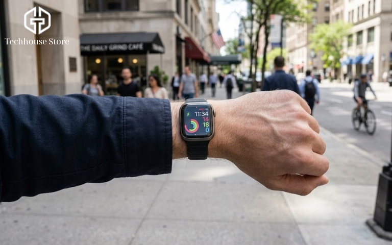 Đánh giá top Apple Watch đáng mua nhất 2026 : Lựa chọn thông minh, tối ưu chi phí Cổ tay đeo Apple Watch Series 11 đang hiển thị rõ nét mặt đồng hồ ngoài trời nắng, góc nhìn nghiêng cho thấy độ sáng màn hình xuất sắc.