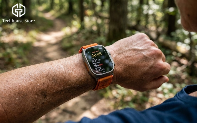 Đánh giá top Apple Watch đáng mua nhất 2026 : Lựa chọn thông minh, tối ưu chi phí Cận cảnh cổ tay đầy mồ hôi của một vận động viên đang chạy bộ trên đường mòn, đeo chiếc Apple Watch Ultra vỏ titan hầm hố, dây vải dù màu cam.