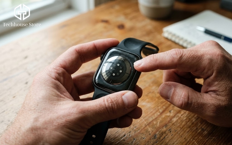 Đánh giá top Apple Watch đáng mua nhất 2026 : Lựa chọn thông minh, tối ưu chi phí Hai bàn tay đang cầm một chiếc Apple Watch lật mặt lưng lên để kiểm tra kỹ lớp kính và cụm cảm biến nhịp tim, bối cảnh trên bàn làm việc sáng sủa.