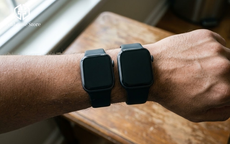 Đánh giá top Apple Watch đáng mua nhất 2026 : Lựa chọn thông minh, tối ưu chi phí Hai chiếc Apple Watch với hai kích thước màn hình nhỏ và lớn được đặt cạnh nhau trên một cổ tay, giúp người dùng dễ dàng so sánh diện tích hiển thị thực tế.