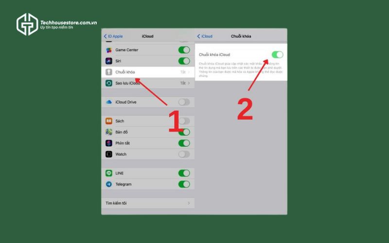 Trên iPhone, truy cập vào Cài đặt và chọn tên tài khoản Apple ID của bạn. Tiếp theo, chọn mục iCloud và kích hoạt tính năng Chuỗi khóa (Keychain)