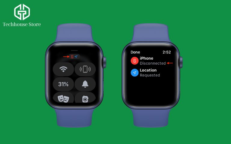 Màn hình Control Center của Apple Watch hiển thị trạng thái Disconnected màu đỏ