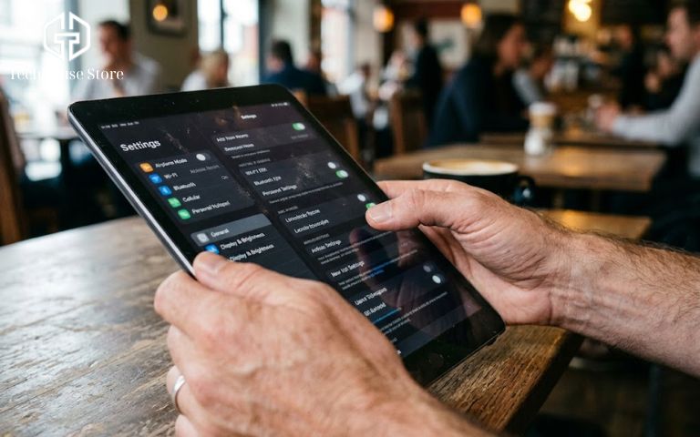Có nên mua iPad cũ không? Kinh nghiệm mua máy ngon, tiết kiệm và an toàn Cận cảnh tay người dùng đang thao tác trên giao diện cài đặt của iPad để kiểm tra trạng thái đăng nhập tài khoản.