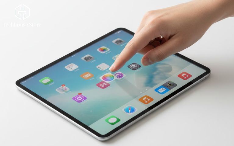 Có nên mua iPad cũ cuối 2025? Kinh nghiệm chọn máy "ngon" và cách test chuẩn tay người đang kiểm tra cảm ứng màn hình ipad bằng cách di chuyển icon