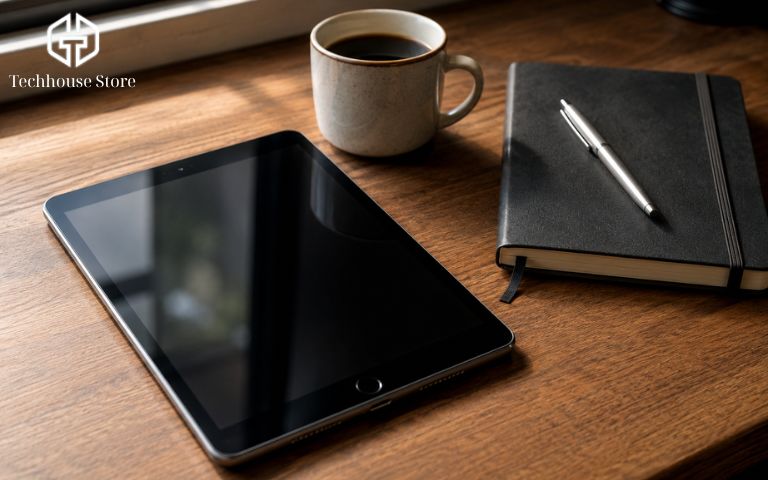 Có nên mua iPad cũ không? Kinh nghiệm mua máy ngon, tiết kiệm và an toàn Một chiếc iPad cũ còn mới được đặt trên bàn làm việc cùng sổ tay và cà phê, minh họa cho việc sử dụng máy cũ để tiết kiệm chi phí.