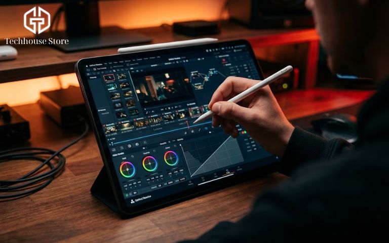 Cận cảnh màn hình iPad Pro đang xử lý video 4K với phần mềm chuyên nghiệp