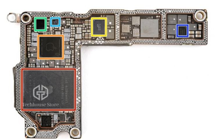 cận cảnh bo mạch chủ main iPhone với chip xử lý và linh kiện điện tử