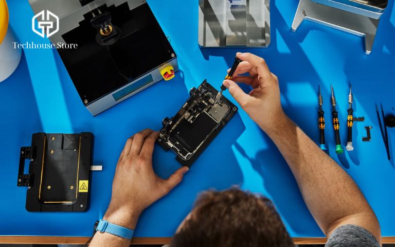 kỹ thuật viên Tech House đang kiểm tra pin iPhone bằng thiết bị chuyên dụng