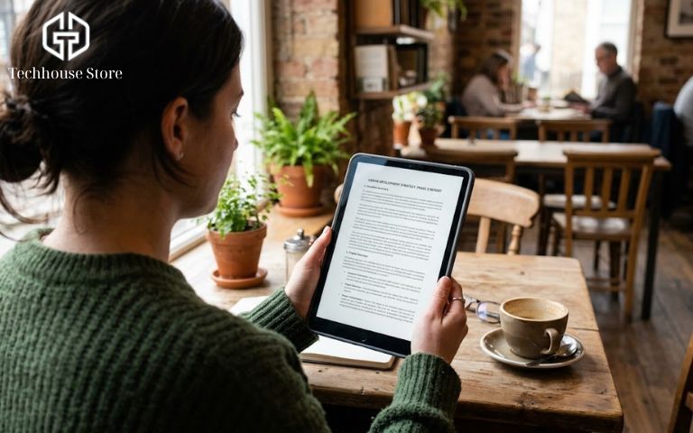 Có nên mua iPad cũ không? Kinh nghiệm mua máy ngon, tiết kiệm và an toàn Người dùng đang cầm trên tay một chiếc iPad cũ để đọc tài liệu học tập trong không gian yên tĩnh của một quán cà phê.