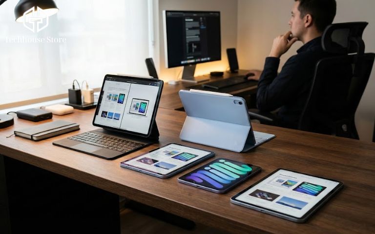 các dòng ipad pro air mini trải trên bàn làm việc công nghệ năm 2025