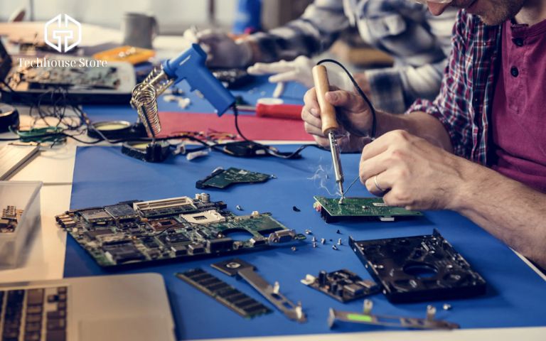 đội ngũ kỹ thuật viên đang thao tác thay main iPhone trong phòng kỹ thuật chuyên nghiệp