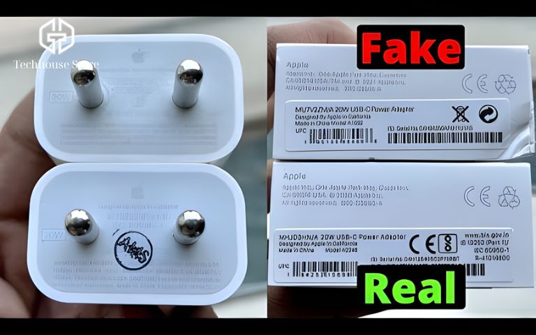 Phân Biệt Sạc iPhone Thật-Giả Cực Nhanh (Check Bằng Mắt Thường) so sánh chất liệu nhựa và chân cắm giữa sạc iPhone thật và sạc giả”
