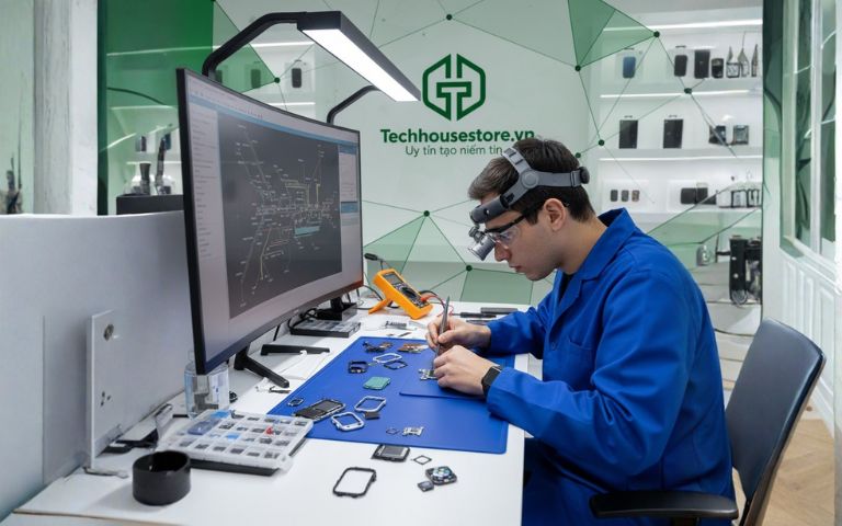 10 Lỗi Apple Watch Thường Gặp Nhất (Và Cách Tự Sửa Trong 1 Phút) kỹ thuật viên đang kiểm tra và sửa lỗi apple watch tại trung tâm sửa chữa uy tín tech house mobile