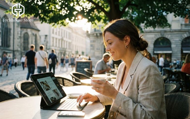 Nên mua iPad hay Laptop năm 2025? So sánh M4 và Intel từ chuyên gia Tech House Mobile Làm việc thư giãn tại quán cà phê sang trọng với iPad Pro màn hình sáng rõ