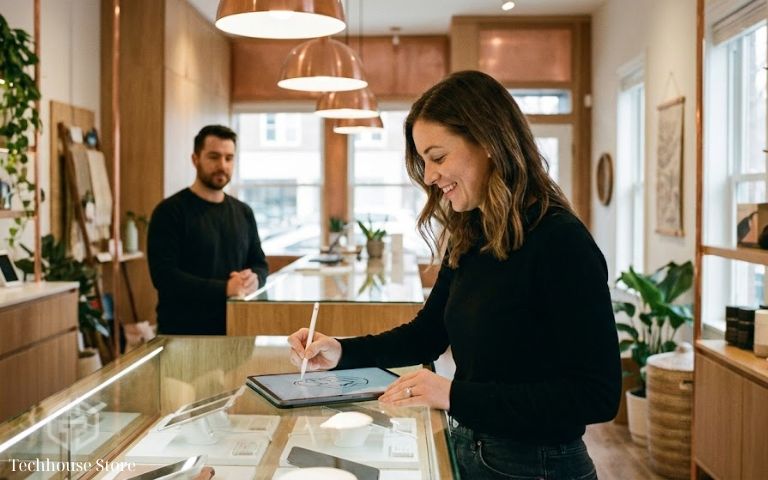 Nên mua iPad hay Laptop năm 2025? So sánh M4 và Intel từ chuyên gia Tech House Mobile Khách hàng đang trải nghiệm bút cảm ứng trên iPad tại showroom Tech House Mobile