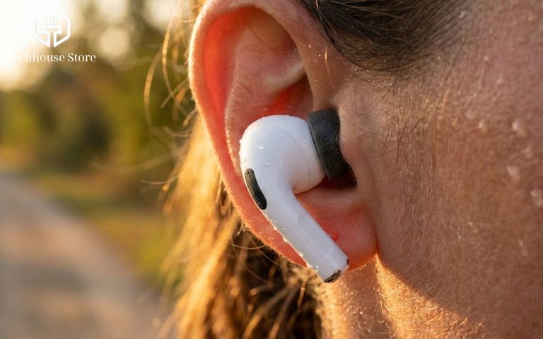 So sánh AirPods Pro 3 vs AirPods Pro 2: Chênh lệch 2 triệu, liệu có đáng “lên đời”? Cận cảnh tai nghe AirPods Pro 3 trên tai người chạy bộ với mồ hôi, minh họa chuẩn kháng nước IP57.