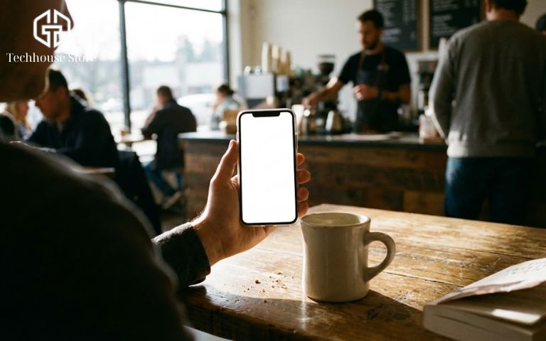 Cách kiểm tra iPhone cũ zin 100% trước khi mua (Chi tiết A-Z) Người dùng đang kiểm tra độ hiển thị màn hình iphone bằng hình nền trắng