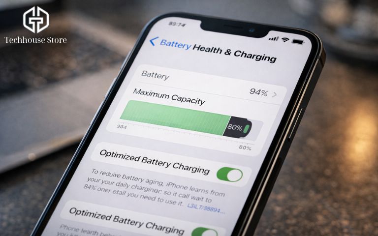 Lỗi sạc pin iPhone phổ biến & cách xử lý tại nhà giao diện cài đặt sạc pin được tối ưu hóa trên iPhone giới hạn mức pin 80%