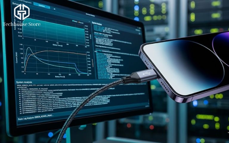 iPhone Nóng Máy Hao Pin: Nguyên Nhân & Cách Xử Lý Hiệu Quả (2025) Kỹ thuật viên chuyên nghiệp đang kiểm tra bo mạch iPhone chính bên dưới kính hiển thị vi.