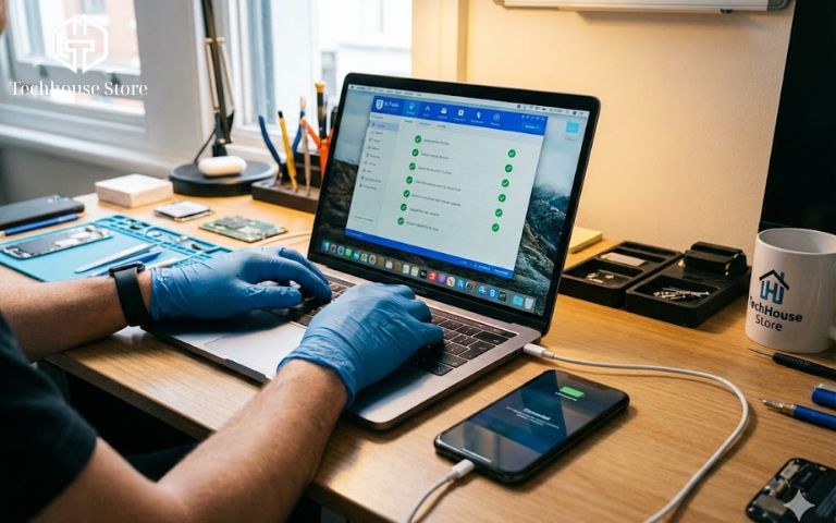 Top 11 cửa hàng iPhone uy tín ở Đống Đa - Hà Nội (2025) Kỹ thuật viên TechHouse đang kết nối iPhone với phần mềm 3uTools trên máy tính để kiểm tra sự kiện.