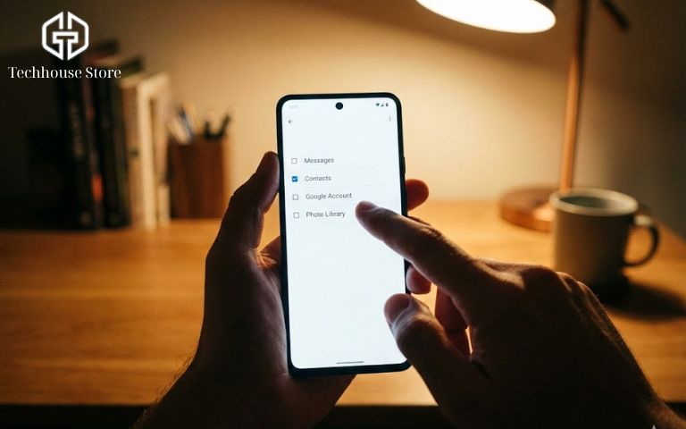 Chuyển dữ liệu Android sang iPhone: Hướng dẫn từ A–Z cho người mới (2025) màn hình android hiển thị danh sách tích chọn danh bạ tin nhắn ảnh để chuyển sang ios