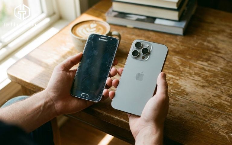 tay người dùng đặt điện thoại android cũ cạnh iphone 15 mới trên bàn cà phê gỗ