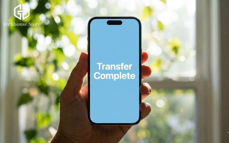 Chuyển dữ liệu Android sang iPhone: Hướng dẫn từ A–Z cho người mới (2025) màn hình iphone hiển thị thông báo chuyển dữ liệu hoàn tất trên nền trắng sang trọng