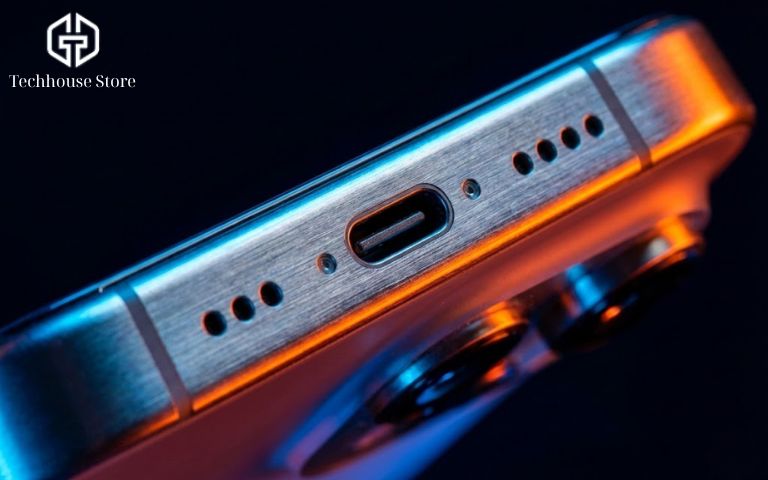 cận cảnh cổng sạc USB-C trên khung viền titanium của iPhone 15 Pro Max