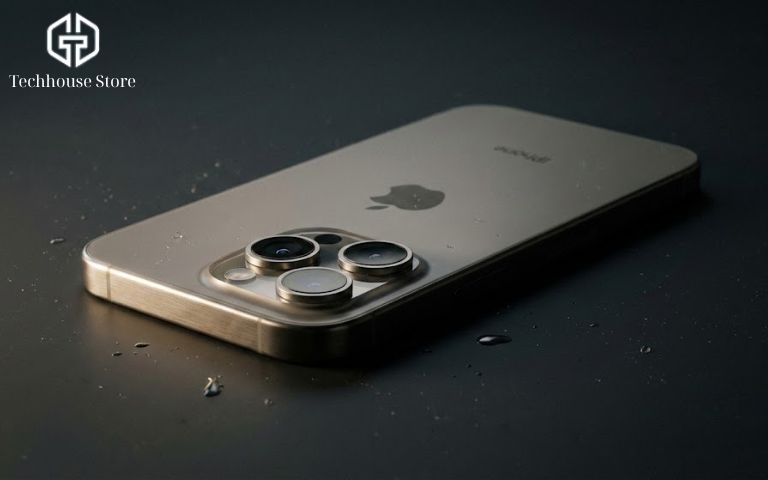 iPhone 15 Pro Max cũ màu Titan tự nhiên nằm trên mặt bàn tối sang trọng