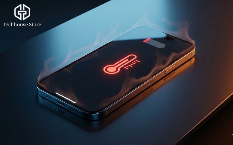 iPhone đời mới hiển thị biểu tượng nhiệt độ cao và pin yếu trên nền tối hiện đại.