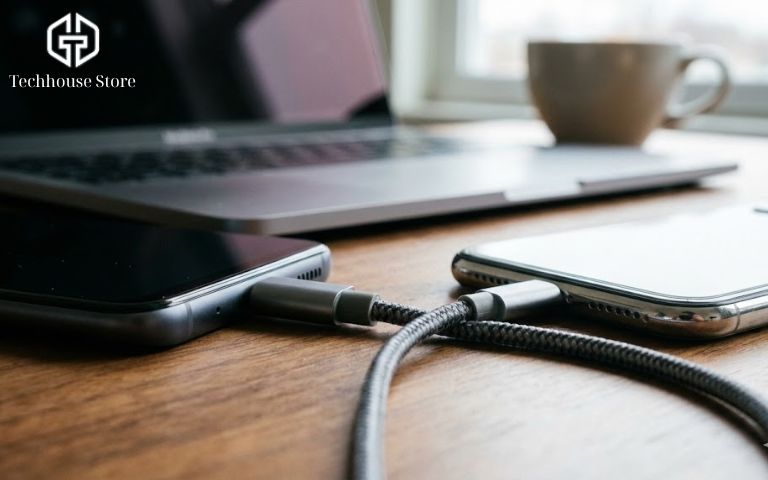 Chuyển dữ liệu Android sang iPhone: Hướng dẫn từ A–Z cho người mới (2025) cận cảnh cáp kết nối trực tiếp giữa điện thoại android và iphone 15 để truyền dữ liệu nhanh