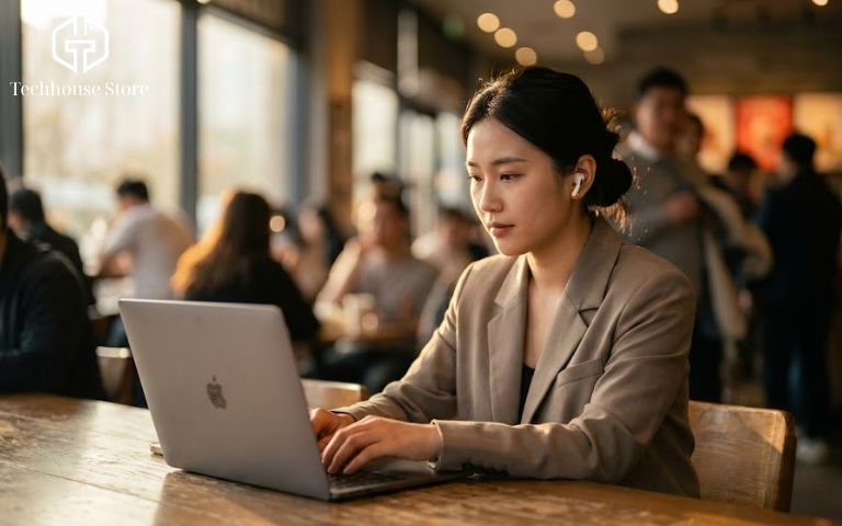 So sánh AirPods Pro 3 vs AirPods Pro 2: Chênh lệch 2 triệu, liệu có đáng “lên đời”? Một người phụ nữ đeo AirPods Pro 3 đang tập trung làm việc trên laptop tại quán cà phê ồn ào.
