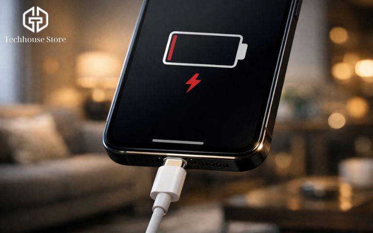 người dùng lo lắng cầm điện thoại iPhone đang cắm sạc nhưng không vào pin