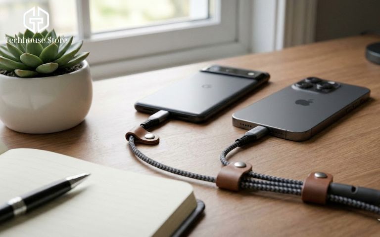 Chuyển dữ liệu Android sang iPhone: Hướng dẫn từ A–Z cho người mới (2025) iphone và android đang được cắm sạc trên bàn làm việc gọn gàng để tránh lỗi