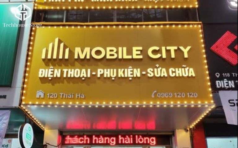 Top 11 cửa hàng iPhone uy tín ở Đống Đa - Hà Nội (2025) Biển hiệu cửa hàng MobileCity tại 120 Thái Hà Đống Đa