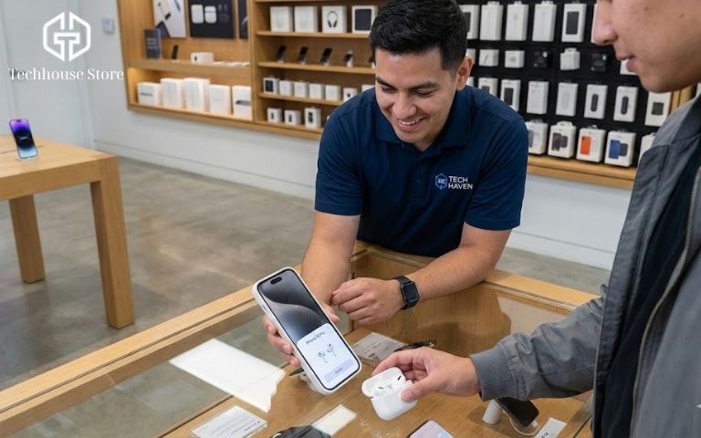 So sánh AirPods Pro 3 vs AirPods Pro 2: Chênh lệch 2 triệu, liệu có đáng “lên đời”? Nhân viên Tech House Store đang hướng dẫn khách hàng kiểm tra và nghe thử AirPods Pro tại quầy.