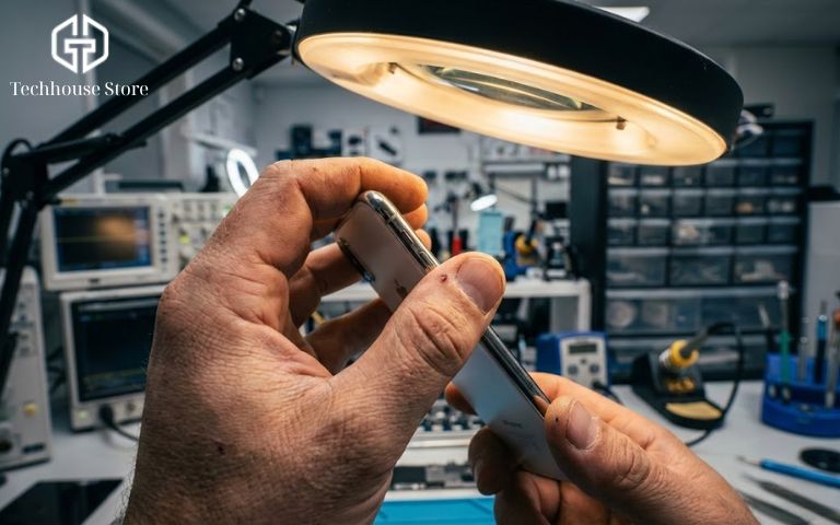 Kỹ thuật viên đang kiểm tra kỹ lưỡng một chiếc iphone cũ màu trắng trong phòng lab.