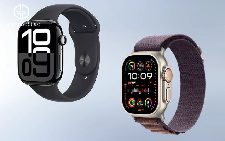 Đánh giá Apple Watch Series 11: Có còn đáng mua trong năm 2026 Hình ảnh so sánh kích thước và thiết kế giữa Apple Watch Series 11 mỏng nhẹ và Apple Watch Ultra hầm hố đặt cạnh nhau.