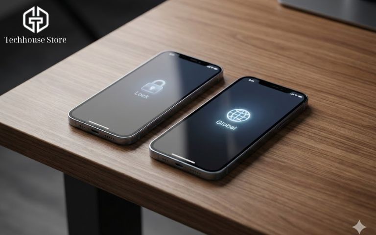 so sánh iphone lock và iphone quốc tế cũ 99% trên bàn làm việc công nghệ