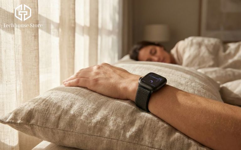 Đánh giá Apple Watch Series 11: Có còn đáng mua trong năm 2026 : Người dùng đeo Apple Watch Series 11 thoải mái khi đang ngủ để theo dõi giấc ngủ nhờ thời lượng pin 24 giờ.