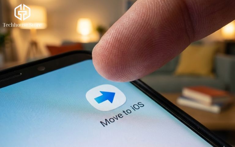 Chuyển dữ liệu Android sang iPhone: Hướng dẫn từ A–Z cho người mới (2025) cận cảnh ngón tay chọn ứng dụng move to ios trên màn hình android sắc né