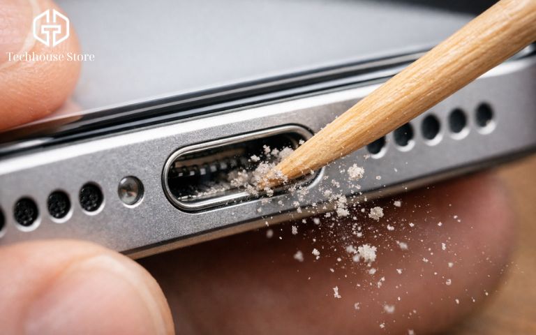 Lỗi sạc pin iPhone phổ biến & cách xử lý tại nhà cận cảnh vệ sinh bụi bẩn trong cổng sạc iPhone bằng dụng cụ chuyên dụng