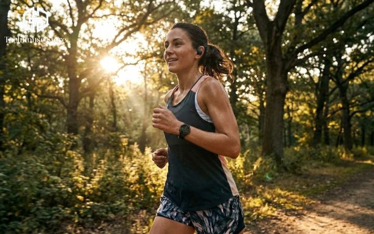 Nữ vận động viên chạy bộ đeo Apple Watch Cellular và tai nghe không dây, không mang theo điện thoại.