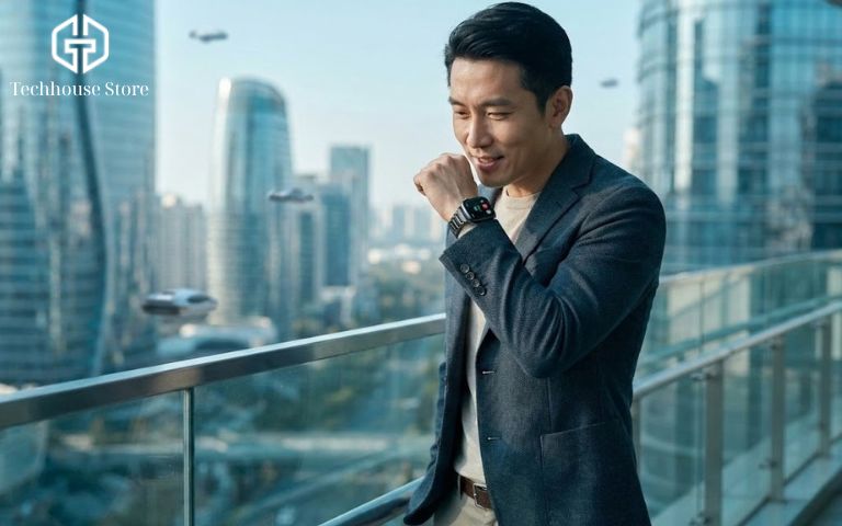 Người đàn ông doanh nhân sử dụng Apple Watch Cellular để nghe gọi độc lập trong bối cảnh thành phố hiện đại năm 2026.