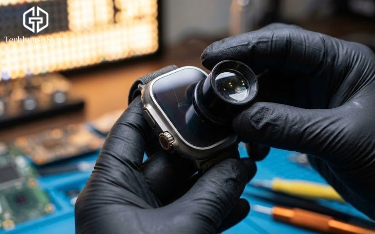 Cách kiểm tra Apple Watch chính hãng: Check Serial/IMEI, iCloud và Bảo hành (2026) Chuyên gia kỹ thuật đang kiểm tra kỹ lưỡng màn hình và ngoại hình Apple Watch Series 9 hoặc Ultra.