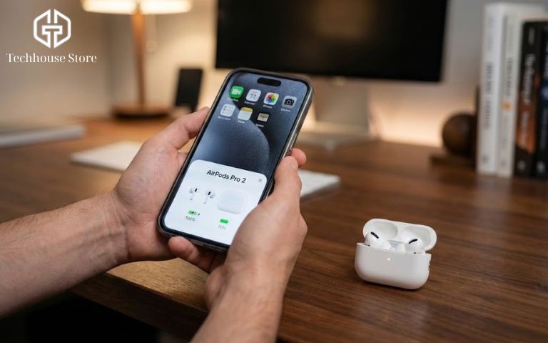 Cách Kiểm Tra Pin AirPods (Tất Cả Các Dòng) Chính Xác Nhất 2026 iPhone hiển thị cửa sổ thông báo phần trăm pin AirPods khi mở nắp hộp sạc.