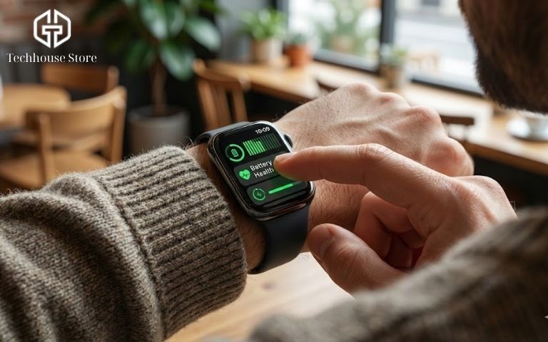 Cách kiểm tra tình trạng pin của Apple Watch (2026): Đừng để con số % đánh lừa bạn Cận cảnh ngón tay người dùng đang chọn mục Battery Health trên màn hình Apple Watch Series 11 giao diện watchOS mới nhất.