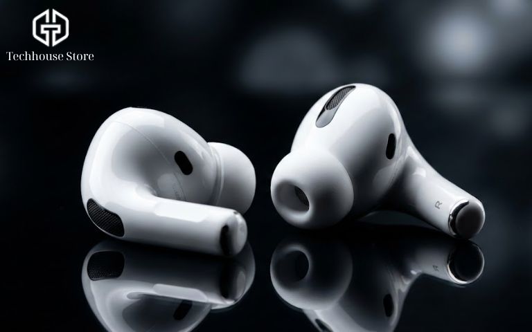 Cận cảnh hai chiếc tai nghe AirPods đặt cạnh nhau trên bề mặt phản chiếu, minh họa cho việc so sánh và phân biệt AirPods thật giả mới nhất 2026.