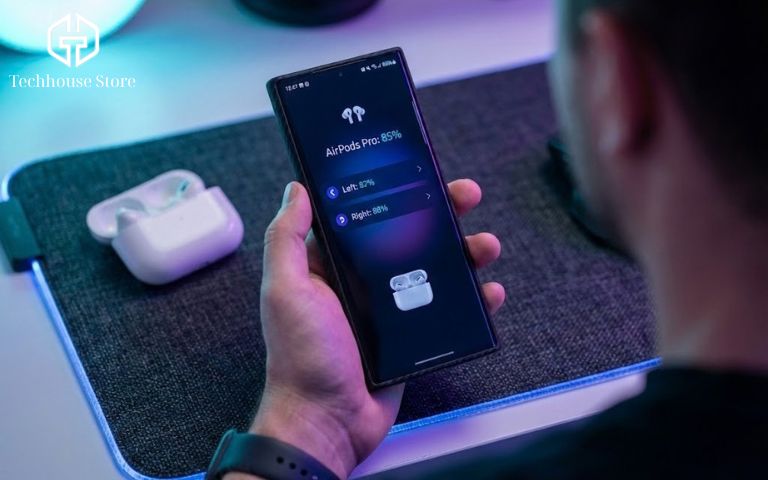 Cách Kiểm Tra Pin AirPods (Tất Cả Các Dòng) Chính Xác Nhất 2026 Điện thoại Android hiển thị giao diện ứng dụng MaterialPods đo pin AirPods.